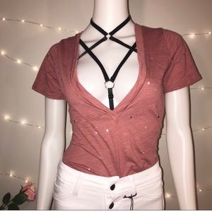 <Fashion Nova> distressed deep v body suit tee